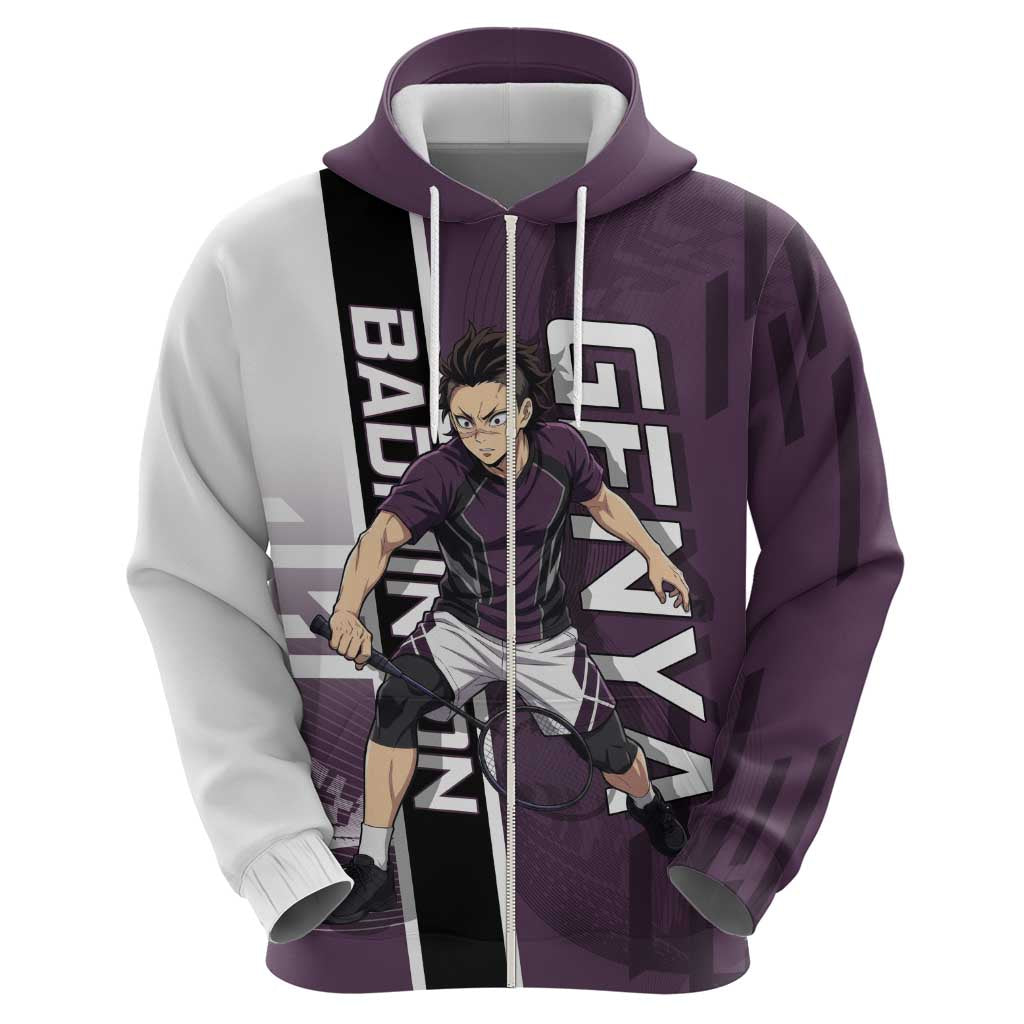 Personalized Shinazugawa Genya Demon Slayer Badminton Zip Hoodie with Racket Action Pose and Purple Black Graphic Design - The Mazicc