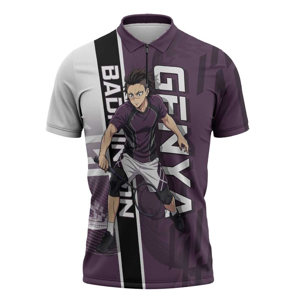 Personalized Shinazugawa Genya Demon Slayer Badminton Zipper Polo Shirt with Racket Action Pose and Purple Black Graphic Design - The Mazicc