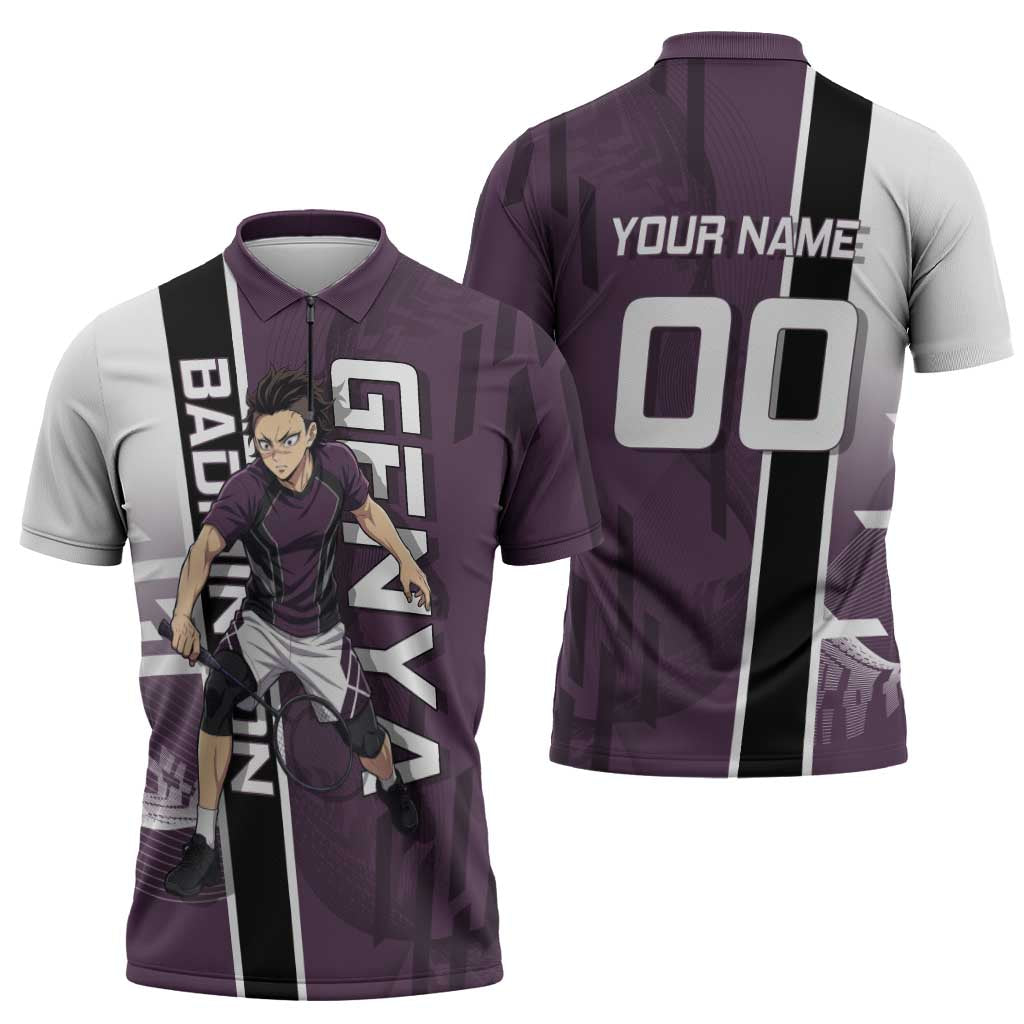 Personalized Shinazugawa Genya Demon Slayer Badminton Zipper Polo Shirt with Racket Action Pose and Purple Black Graphic Design - The Mazicc