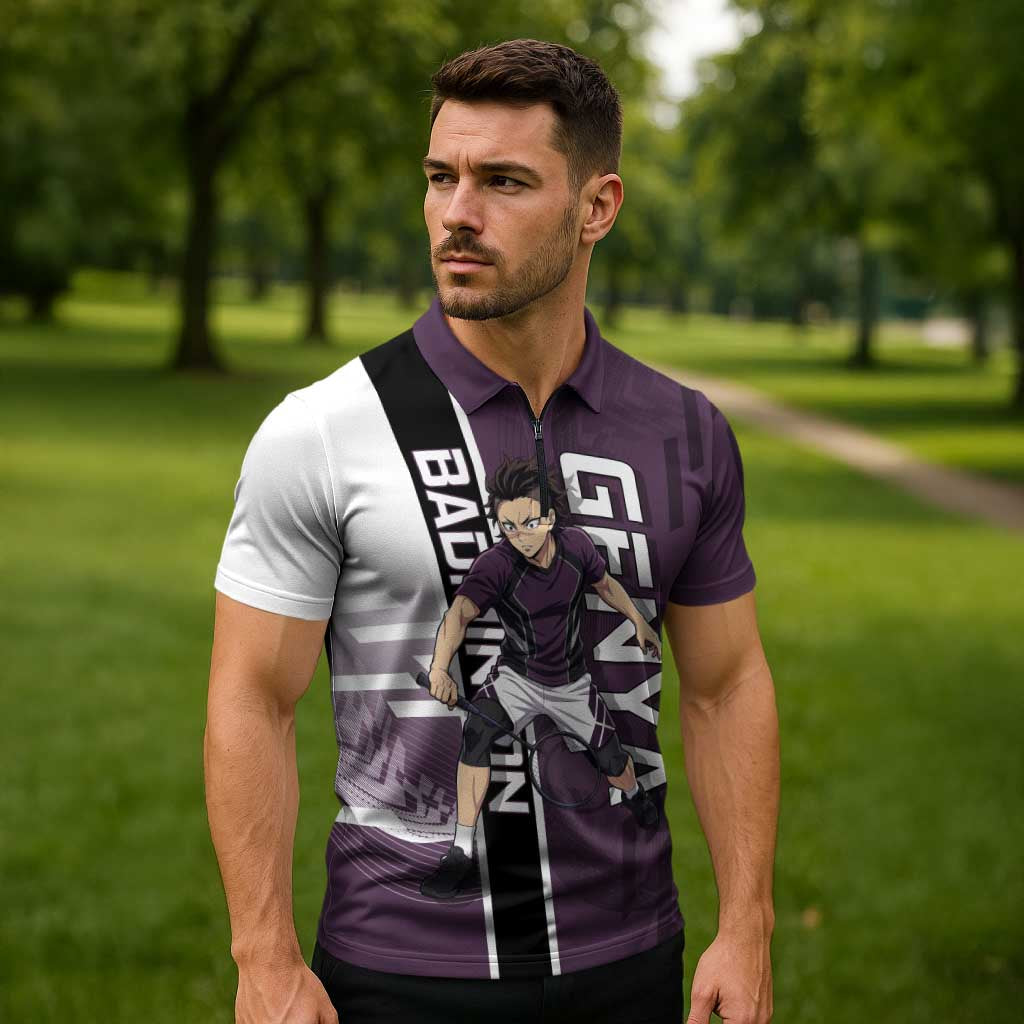 Personalized Shinazugawa Genya Demon Slayer Badminton Zipper Polo Shirt with Racket Action Pose and Purple Black Graphic Design - The Mazicc