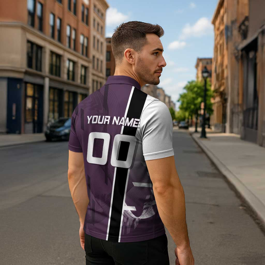 Personalized Shinazugawa Genya Demon Slayer Badminton Zipper Polo Shirt with Racket Action Pose and Purple Black Graphic Design - The Mazicc