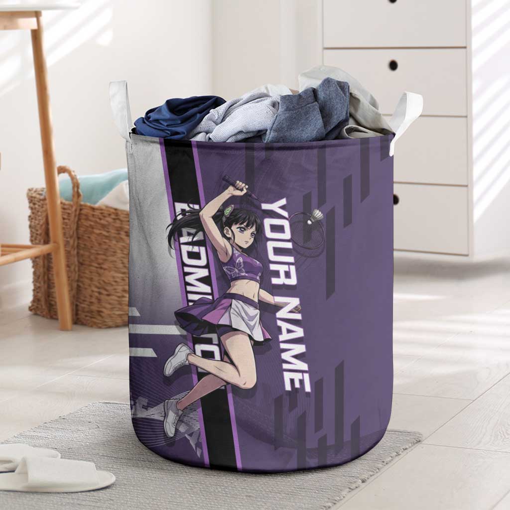 Personalized Shinazugawa Genya Demon Slayer Badminton Laundry Basket with Racket Action Pose and Purple White Graphic Design - The Mazicc