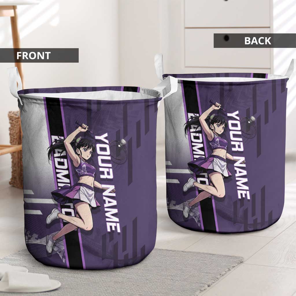 Personalized Shinazugawa Genya Demon Slayer Badminton Laundry Basket with Racket Action Pose and Purple White Graphic Design - The Mazicc