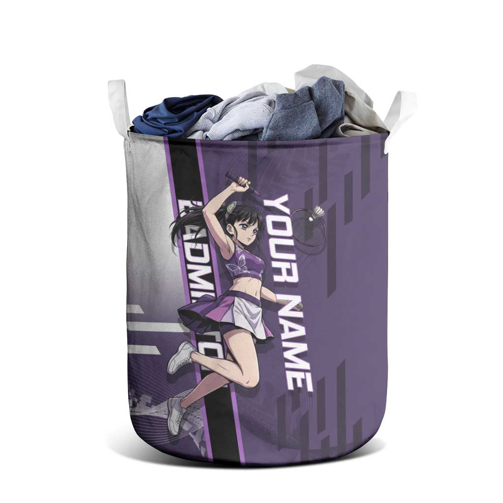 Personalized Shinazugawa Genya Demon Slayer Badminton Laundry Basket with Racket Action Pose and Purple White Graphic Design - The Mazicc