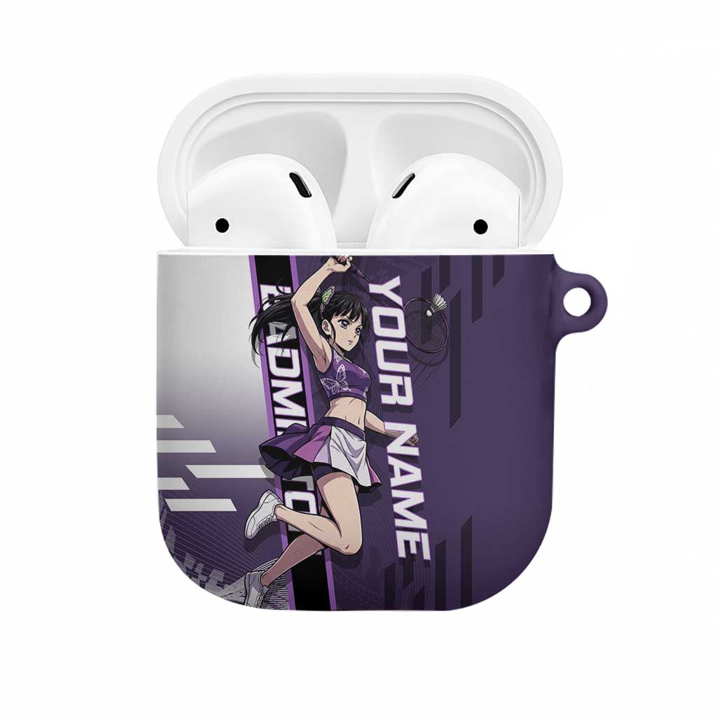 Personalized Shinazugawa Genya Demon Slayer Badminton AirPods Case with Racket Action Pose and Purple White Graphic Design - The Mazicc