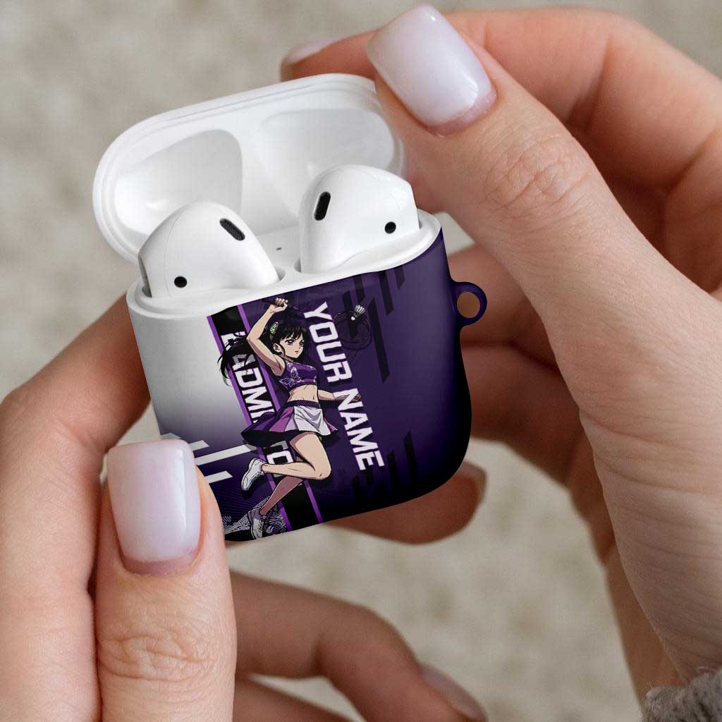 Personalized Shinazugawa Genya Demon Slayer Badminton AirPods Case with Racket Action Pose and Purple White Graphic Design - The Mazicc