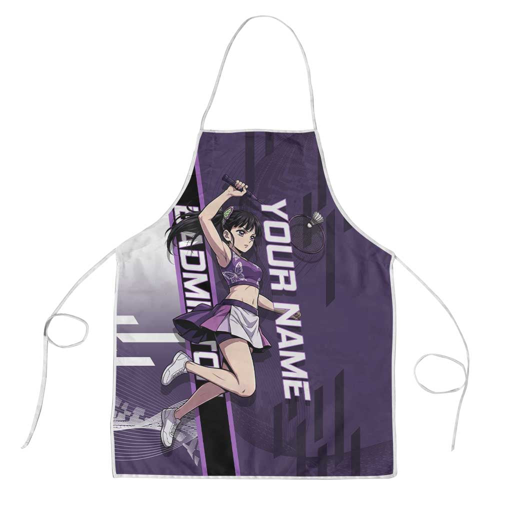 Personalized Shinazugawa Genya Demon Slayer Badminton Apron with Racket Action Pose and Purple White Graphic Design - The Mazicc