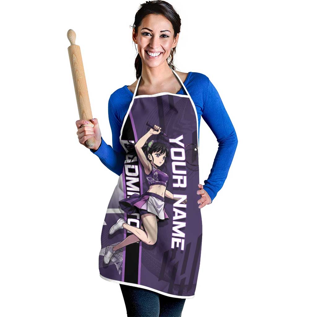 Personalized Shinazugawa Genya Demon Slayer Badminton Apron with Racket Action Pose and Purple White Graphic Design - The Mazicc