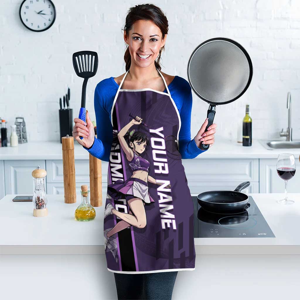 Personalized Shinazugawa Genya Demon Slayer Badminton Apron with Racket Action Pose and Purple White Graphic Design - The Mazicc