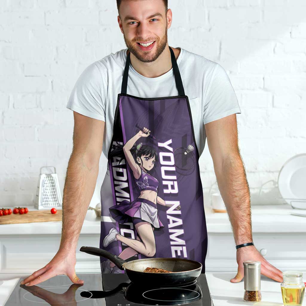 Personalized Shinazugawa Genya Demon Slayer Badminton Apron with Racket Action Pose and Purple White Graphic Design - The Mazicc
