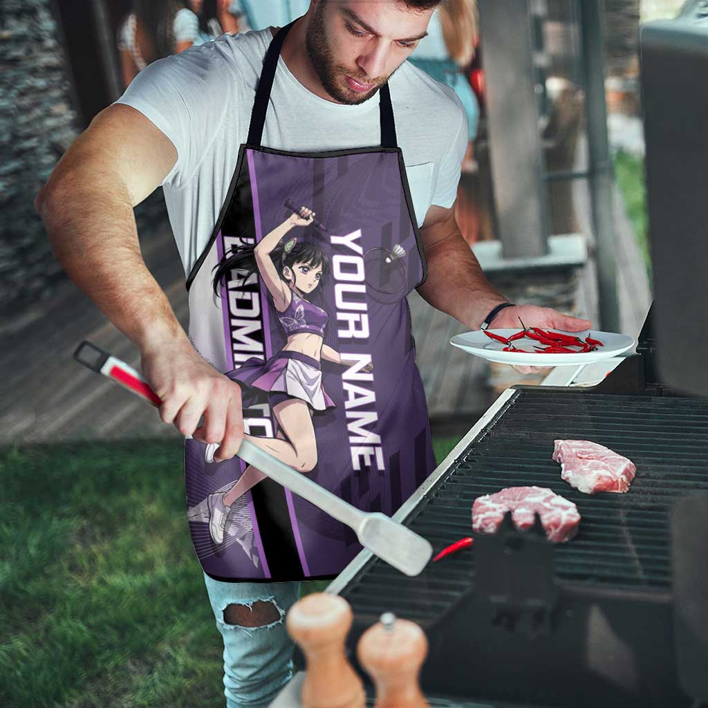 Personalized Shinazugawa Genya Demon Slayer Badminton Apron with Racket Action Pose and Purple White Graphic Design - The Mazicc