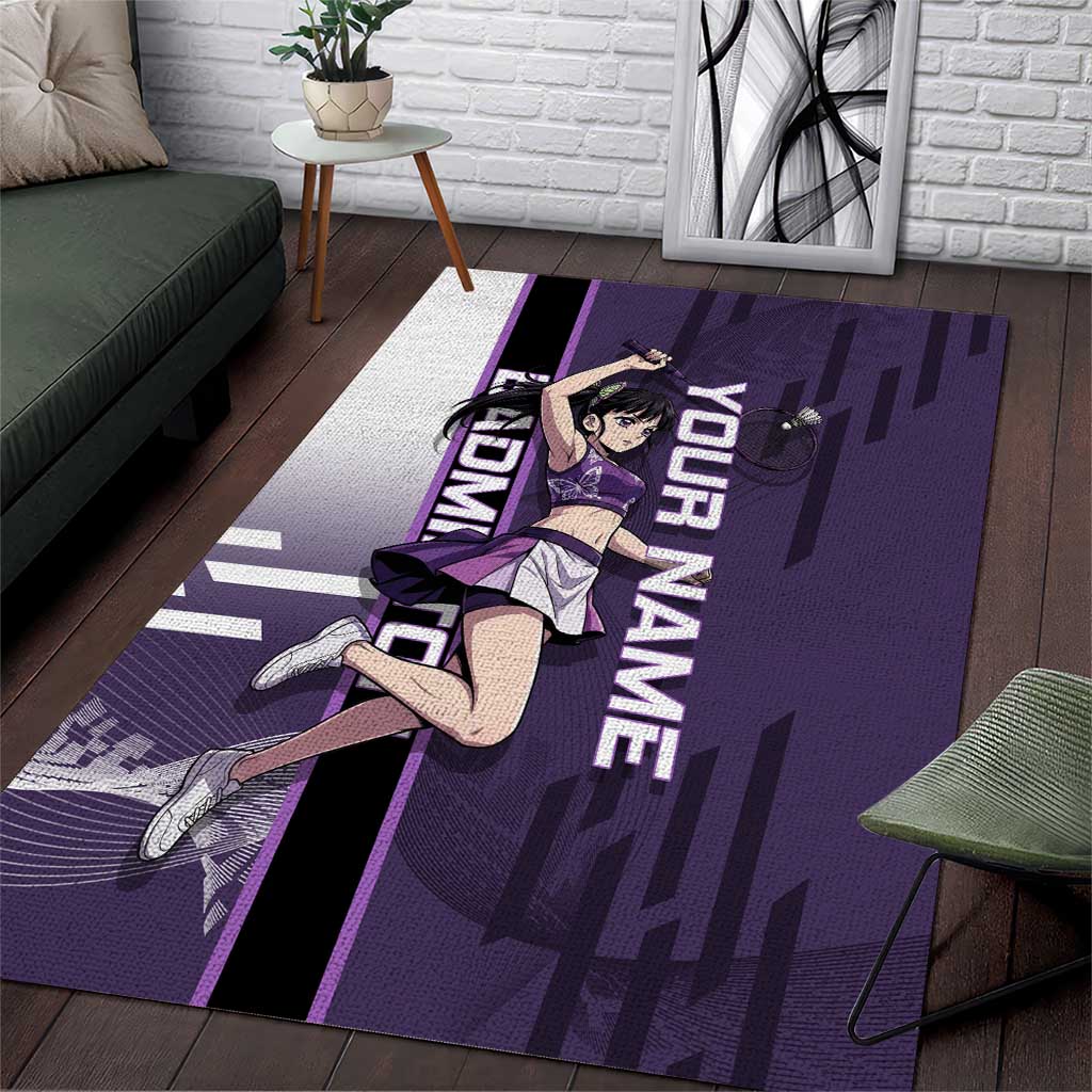 Personalized Shinazugawa Genya Demon Slayer Badminton Area Rug with Racket Action Pose and Purple White Graphic Design - The Mazicc