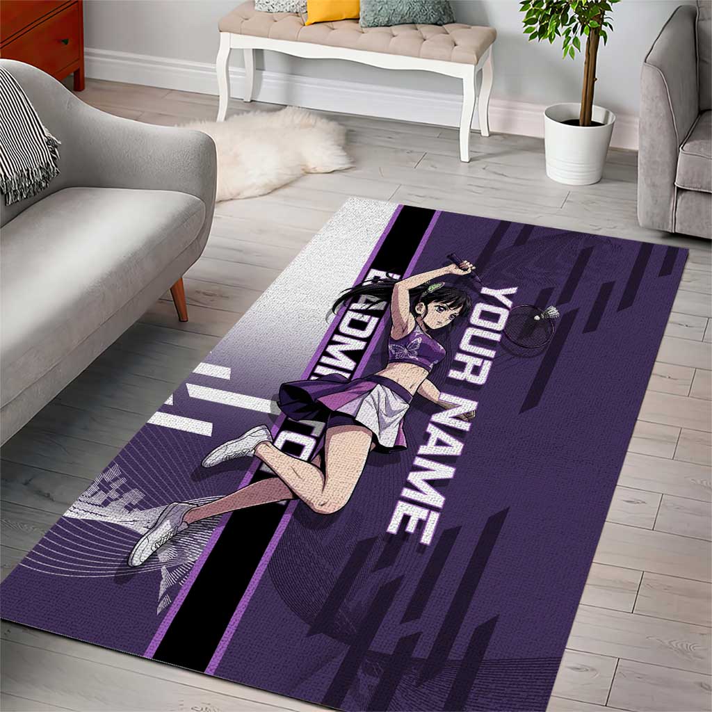 Personalized Shinazugawa Genya Demon Slayer Badminton Area Rug with Racket Action Pose and Purple White Graphic Design - The Mazicc