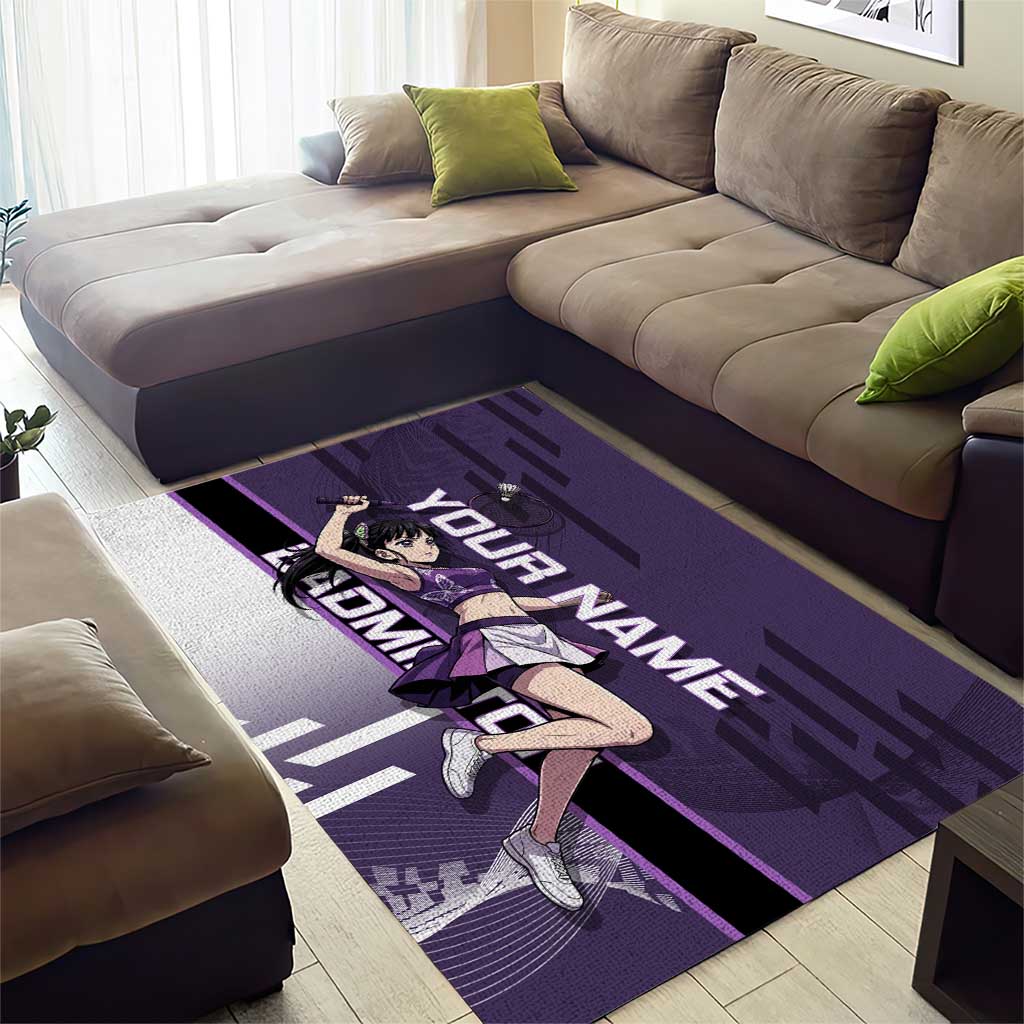 Personalized Shinazugawa Genya Demon Slayer Badminton Area Rug with Racket Action Pose and Purple White Graphic Design - The Mazicc
