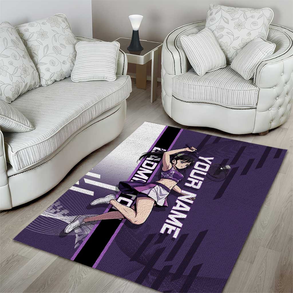 Personalized Shinazugawa Genya Demon Slayer Badminton Area Rug with Racket Action Pose and Purple White Graphic Design - The Mazicc