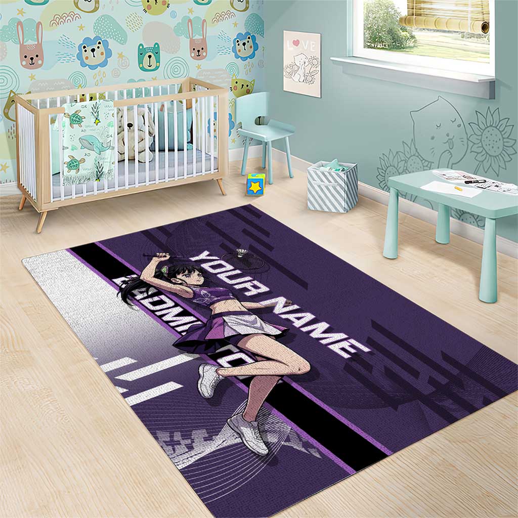 Personalized Shinazugawa Genya Demon Slayer Badminton Area Rug with Racket Action Pose and Purple White Graphic Design - The Mazicc