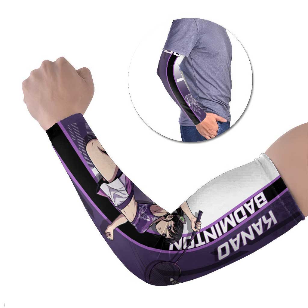 Personalized Shinazugawa Genya Demon Slayer Badminton Arm Sleeves with Racket Action Pose and Purple White Graphic Design - The Mazicc