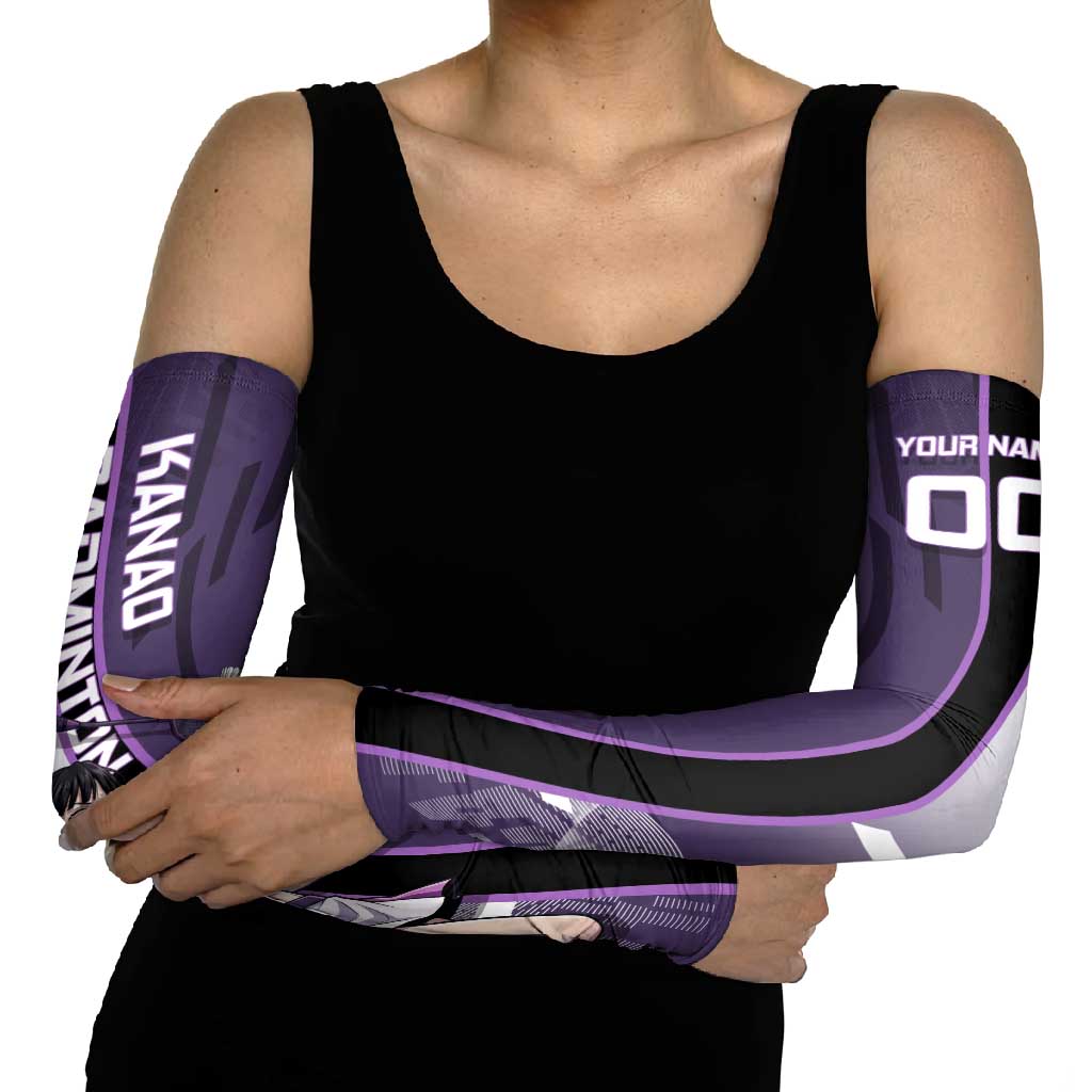 Personalized Shinazugawa Genya Demon Slayer Badminton Arm Sleeves with Racket Action Pose and Purple White Graphic Design - The Mazicc