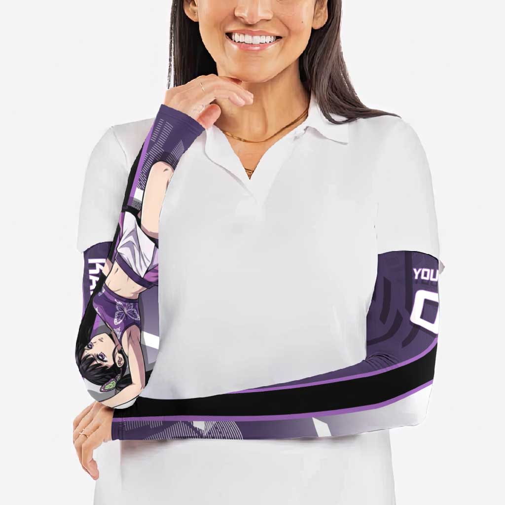 Personalized Shinazugawa Genya Demon Slayer Badminton Arm Sleeves with Racket Action Pose and Purple White Graphic Design - The Mazicc