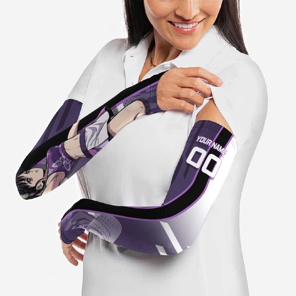 Personalized Shinazugawa Genya Demon Slayer Badminton Arm Sleeves with Racket Action Pose and Purple White Graphic Design - The Mazicc