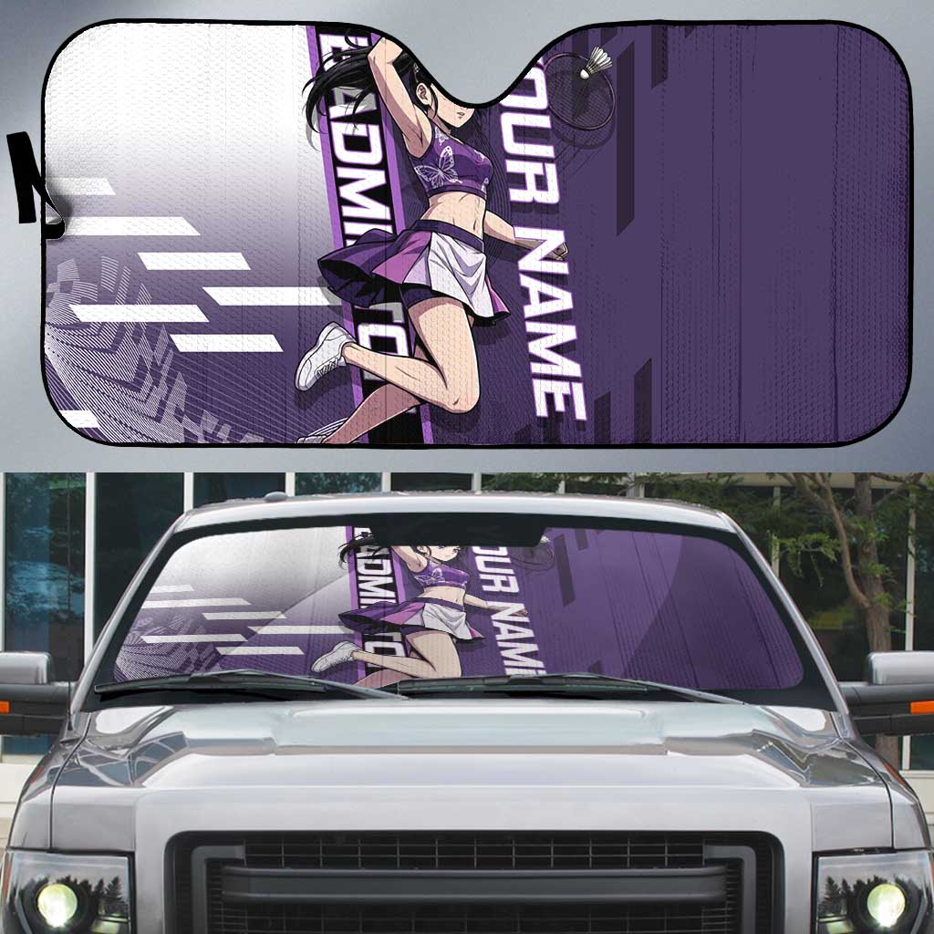 Personalized Shinazugawa Genya Demon Slayer Badminton Auto Sun Shade with Racket Action Pose and Purple White Graphic Design - The Mazicc