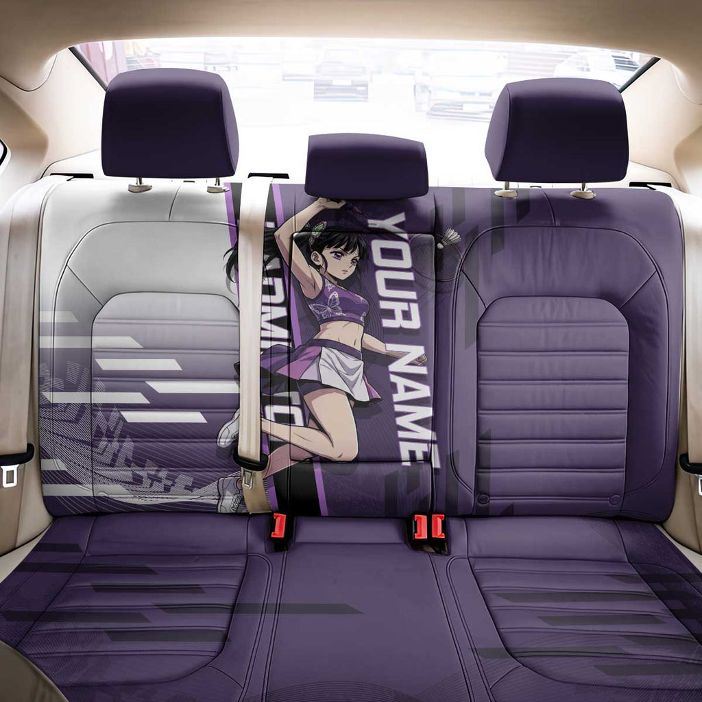 Personalized Shinazugawa Genya Demon Slayer Badminton Back Car Seat Cover with Racket Action Pose and Purple White Graphic Design - The Mazicc