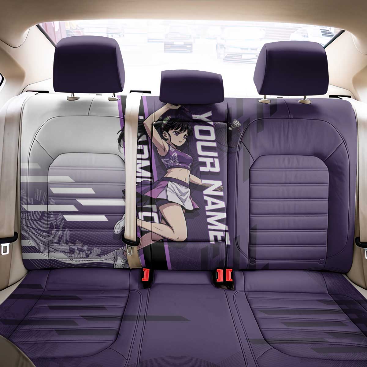 Personalized Shinazugawa Genya Demon Slayer Badminton Back Car Seat Cover with Racket Action Pose and Purple White Graphic Design - The Mazicc