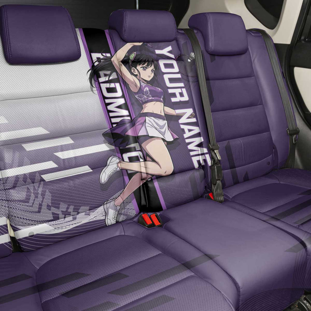Personalized Shinazugawa Genya Demon Slayer Badminton Back Car Seat Cover with Racket Action Pose and Purple White Graphic Design - The Mazicc