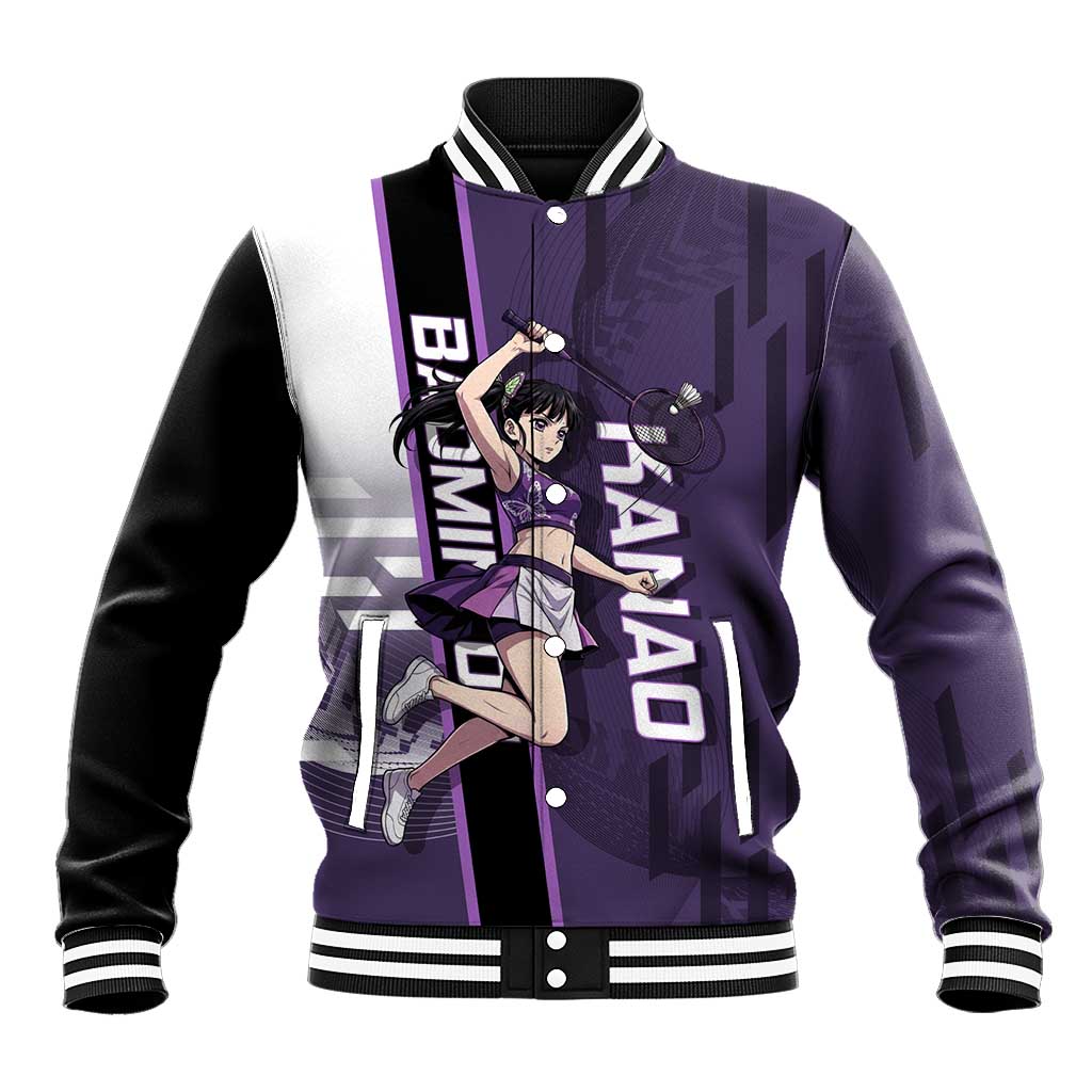 Personalized Shinazugawa Genya Demon Slayer Badminton Baseball Jacket with Racket Action Pose and Purple White Graphic Design - The Mazicc