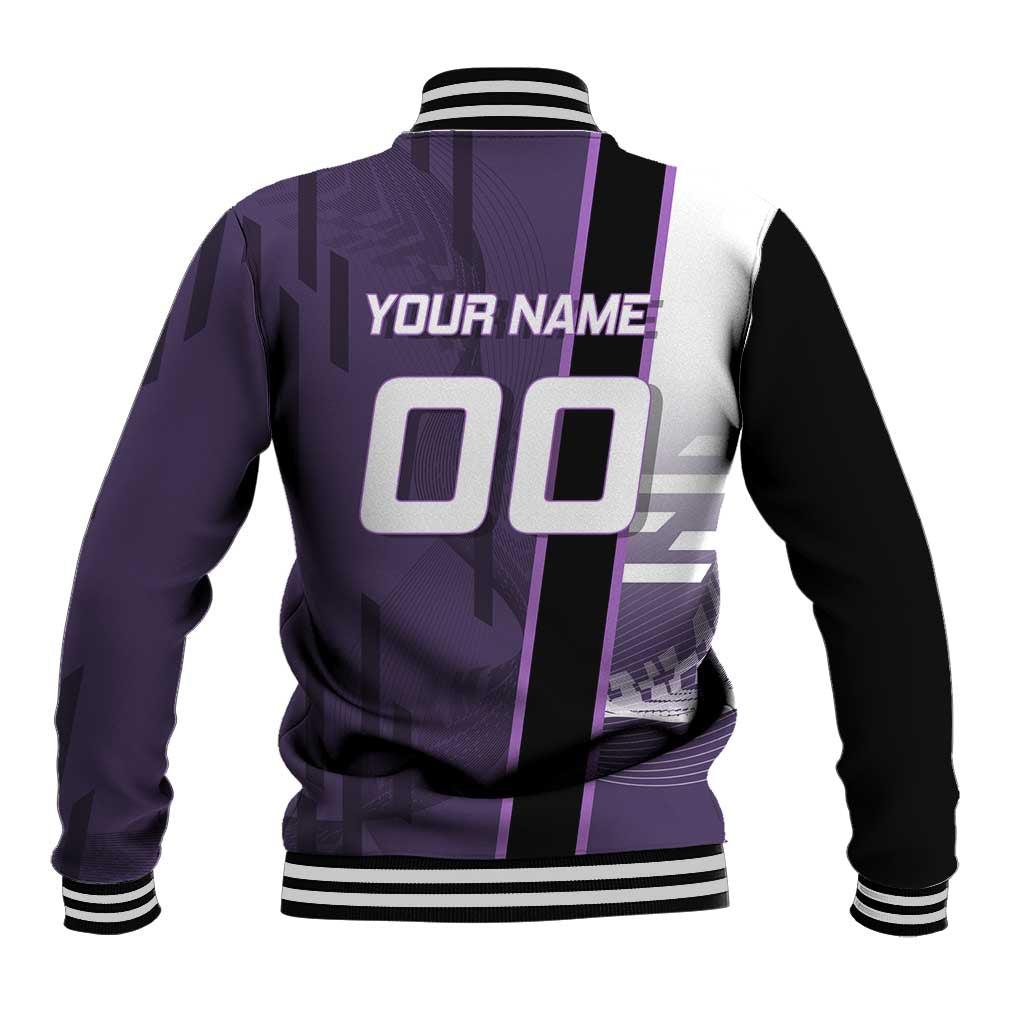 Personalized Shinazugawa Genya Demon Slayer Badminton Baseball Jacket with Racket Action Pose and Purple White Graphic Design - The Mazicc