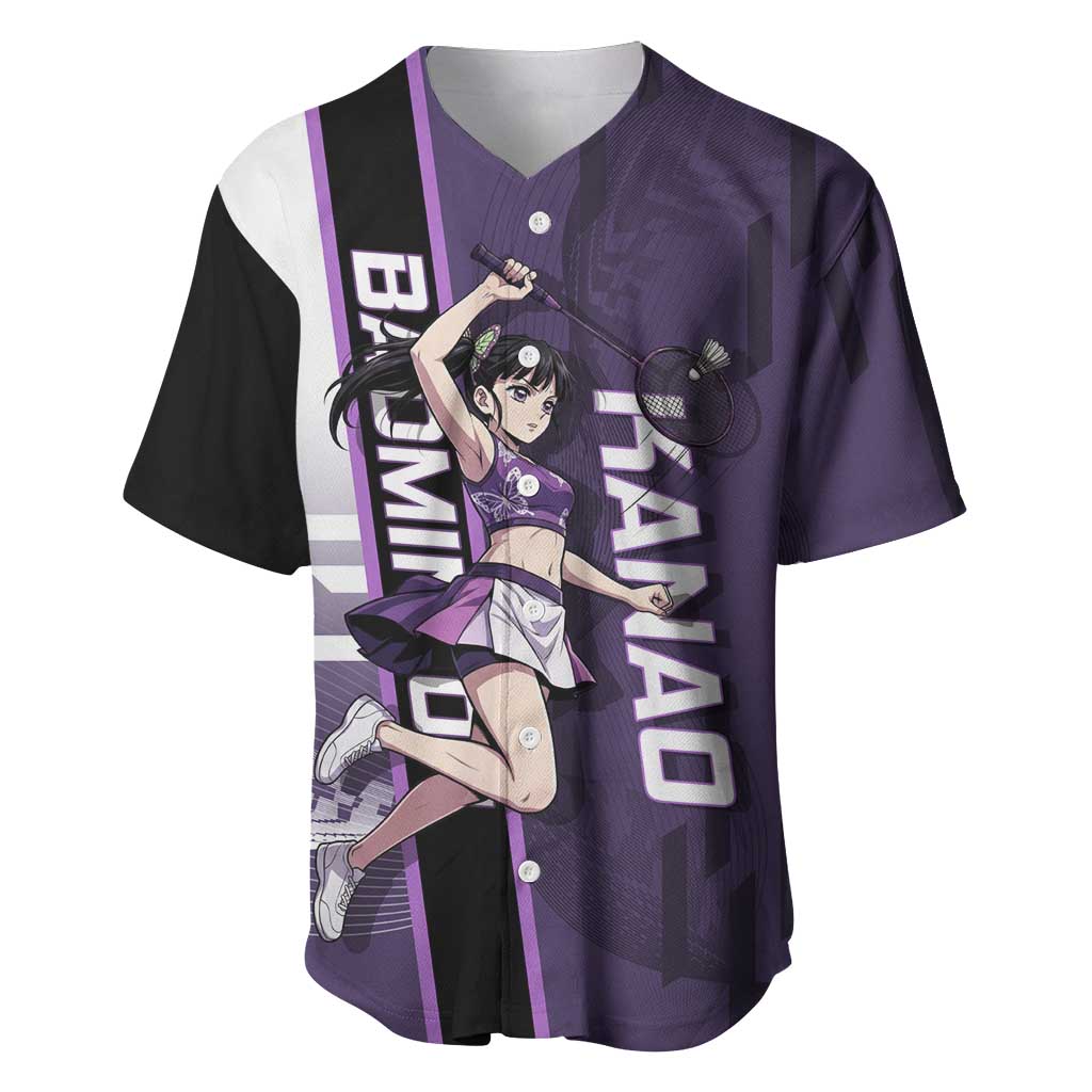 Personalized Shinazugawa Genya Demon Slayer Badminton Baseball Jersey with Racket Action Pose and Purple White Graphic Design - The Mazicc
