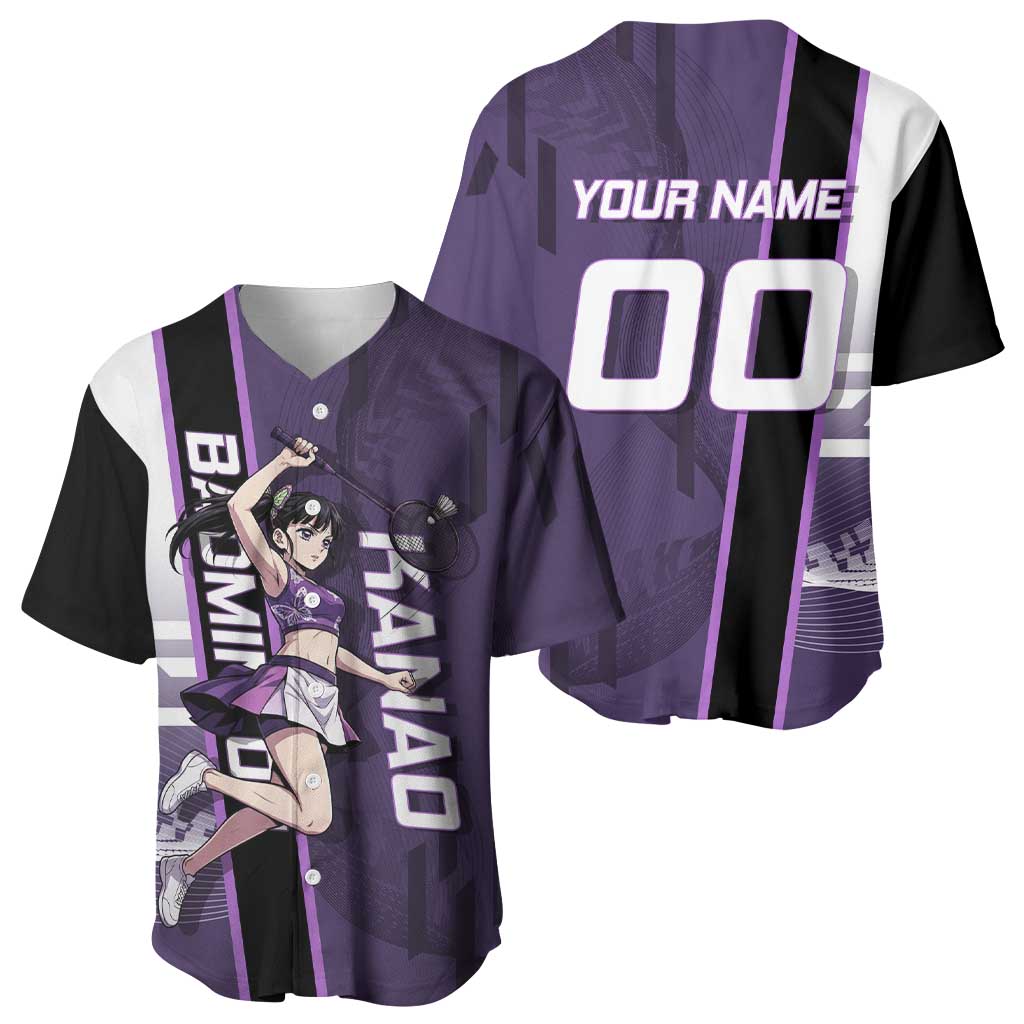 Personalized Shinazugawa Genya Demon Slayer Badminton Baseball Jersey with Racket Action Pose and Purple White Graphic Design - The Mazicc