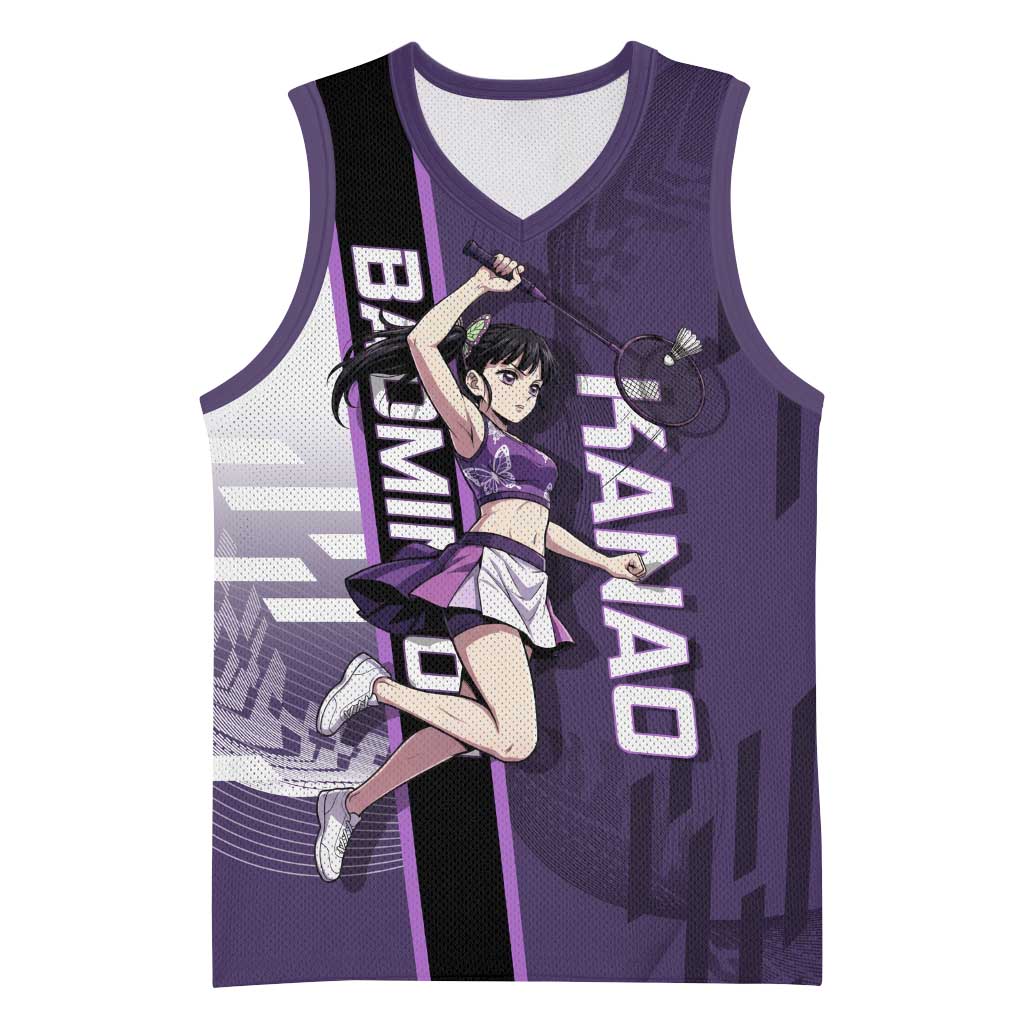 Personalized Shinazugawa Genya Demon Slayer Badminton Basketball Jersey with Racket Action Pose and Purple White Graphic Design - The Mazicc