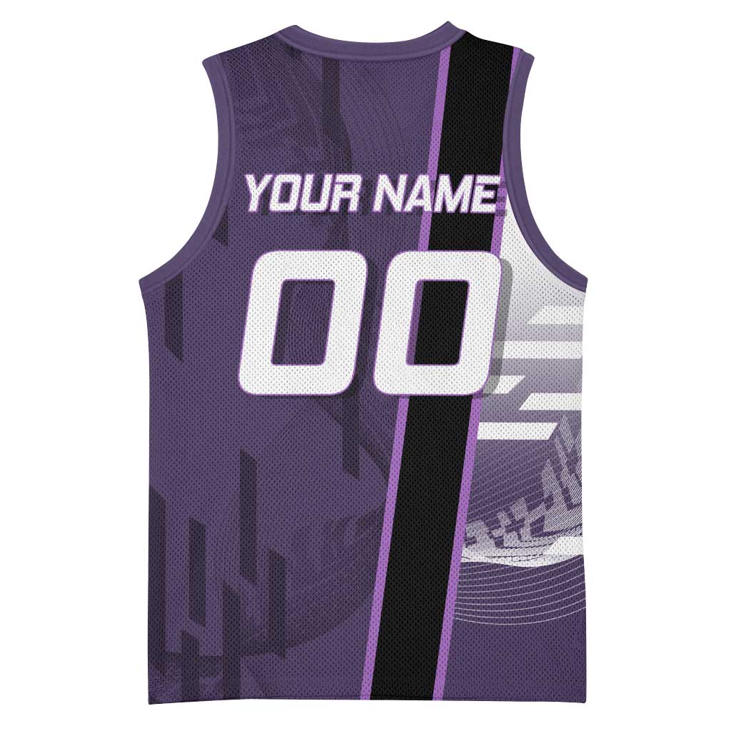 Personalized Shinazugawa Genya Demon Slayer Badminton Basketball Jersey with Racket Action Pose and Purple White Graphic Design - The Mazicc
