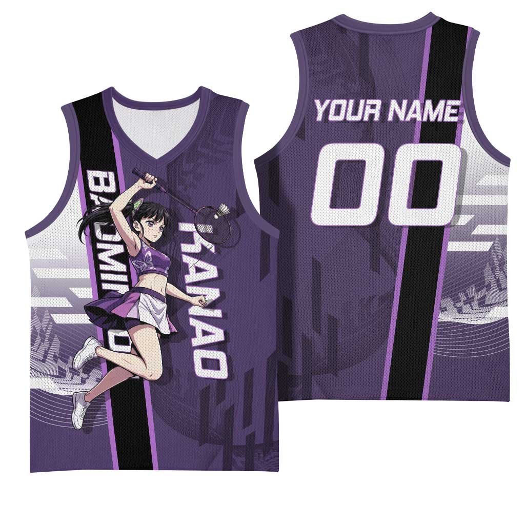 Personalized Shinazugawa Genya Demon Slayer Badminton Basketball Jersey with Racket Action Pose and Purple White Graphic Design - The Mazicc