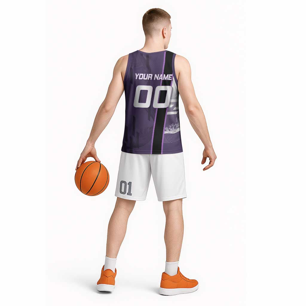 Personalized Shinazugawa Genya Demon Slayer Badminton Basketball Jersey with Racket Action Pose and Purple White Graphic Design - The Mazicc