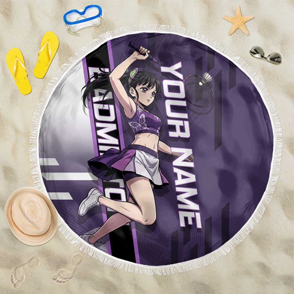 Personalized Shinazugawa Genya Demon Slayer Badminton Beach Blanket with Racket Action Pose and Purple White Graphic Design - The Mazicc