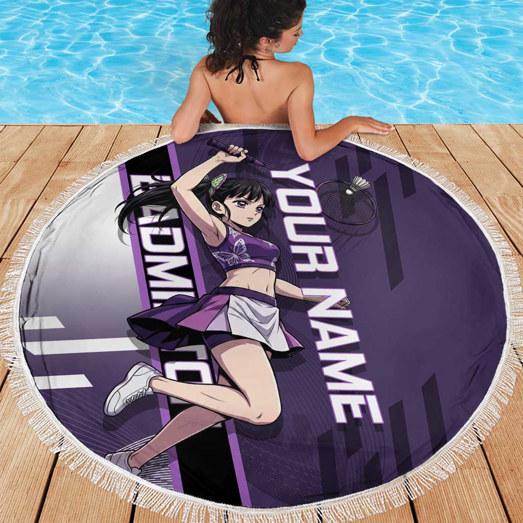 Personalized Shinazugawa Genya Demon Slayer Badminton Beach Blanket with Racket Action Pose and Purple White Graphic Design - The Mazicc