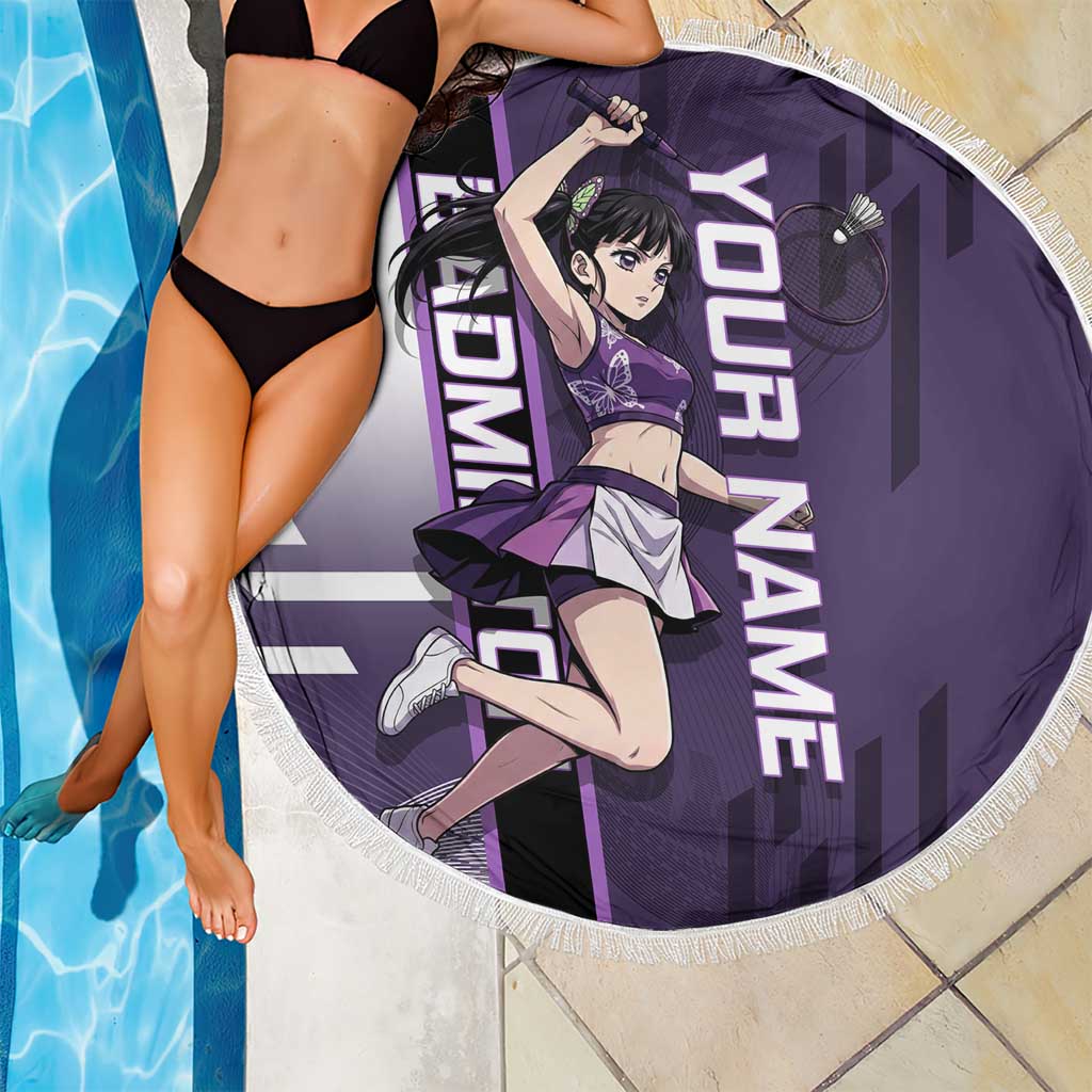 Personalized Shinazugawa Genya Demon Slayer Badminton Beach Blanket with Racket Action Pose and Purple White Graphic Design - The Mazicc