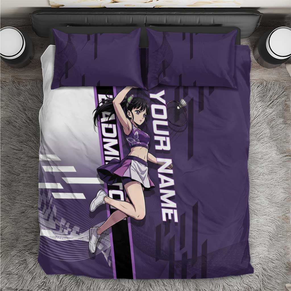 Personalized Shinazugawa Genya Demon Slayer Badminton Bedding Set with Racket Action Pose and Purple White Graphic Design - The Mazicc