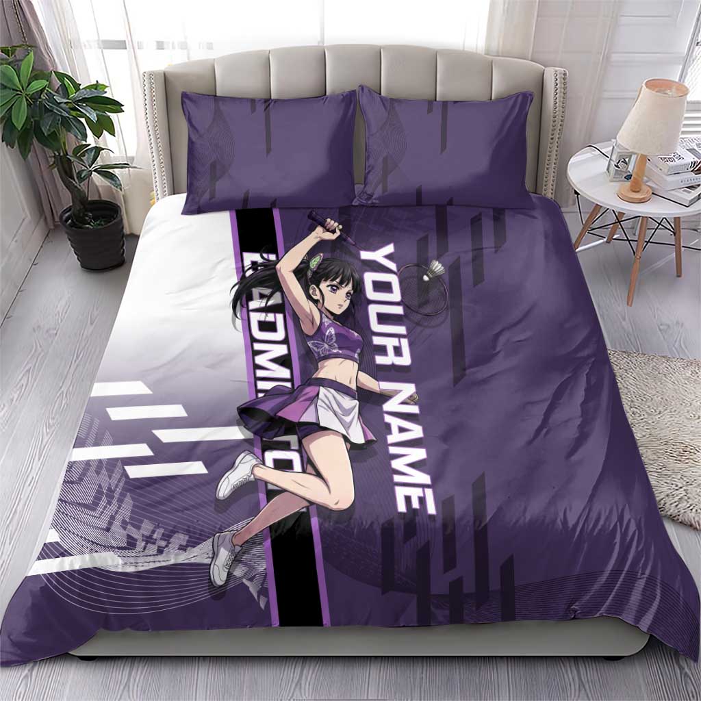 Personalized Shinazugawa Genya Demon Slayer Badminton Bedding Set with Racket Action Pose and Purple White Graphic Design - The Mazicc