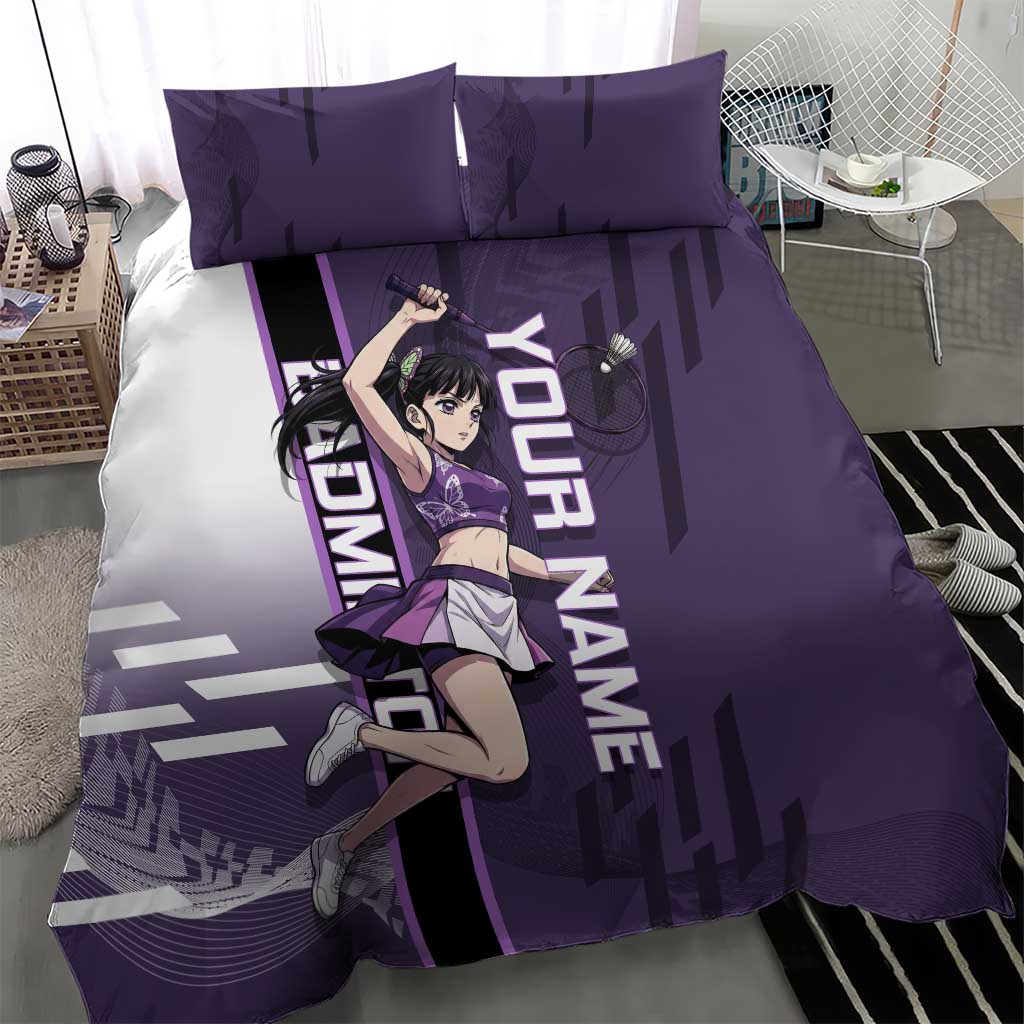 Personalized Shinazugawa Genya Demon Slayer Badminton Bedding Set with Racket Action Pose and Purple White Graphic Design - The Mazicc