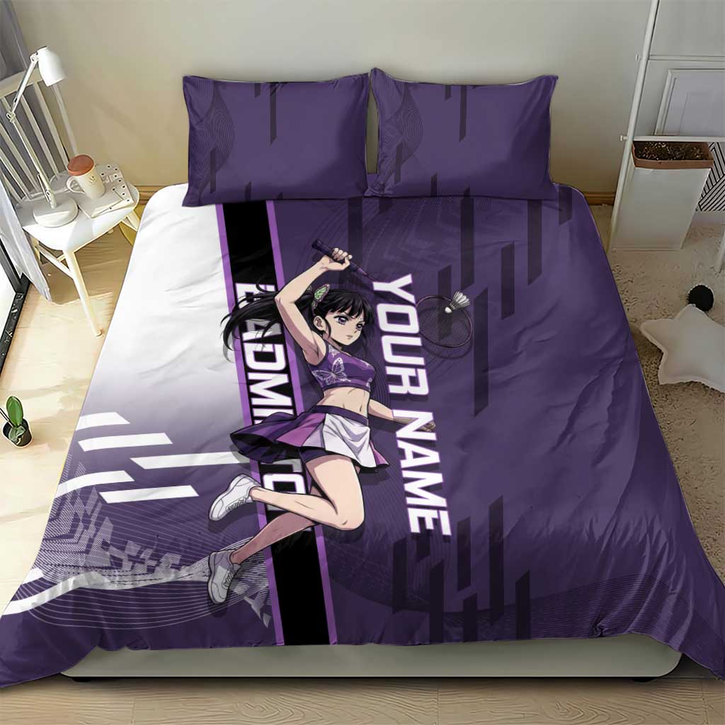 Personalized Shinazugawa Genya Demon Slayer Badminton Bedding Set with Racket Action Pose and Purple White Graphic Design - The Mazicc