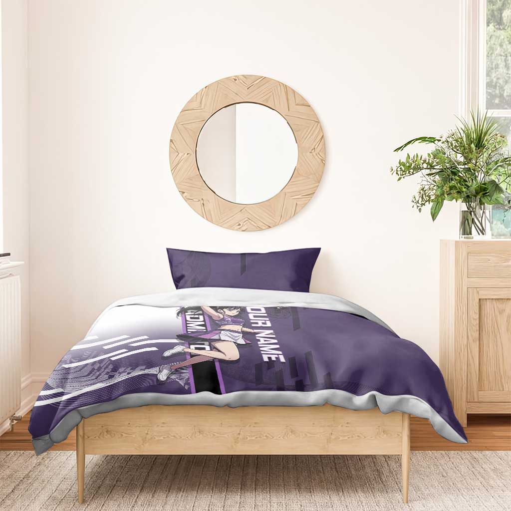 Personalized Shinazugawa Genya Demon Slayer Badminton Bedding Set with Racket Action Pose and Purple White Graphic Design - The Mazicc