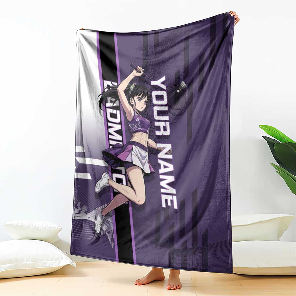 Personalized Shinazugawa Genya Demon Slayer Badminton Blanket with Racket Action Pose and Purple White Graphic Design - The Mazicc
