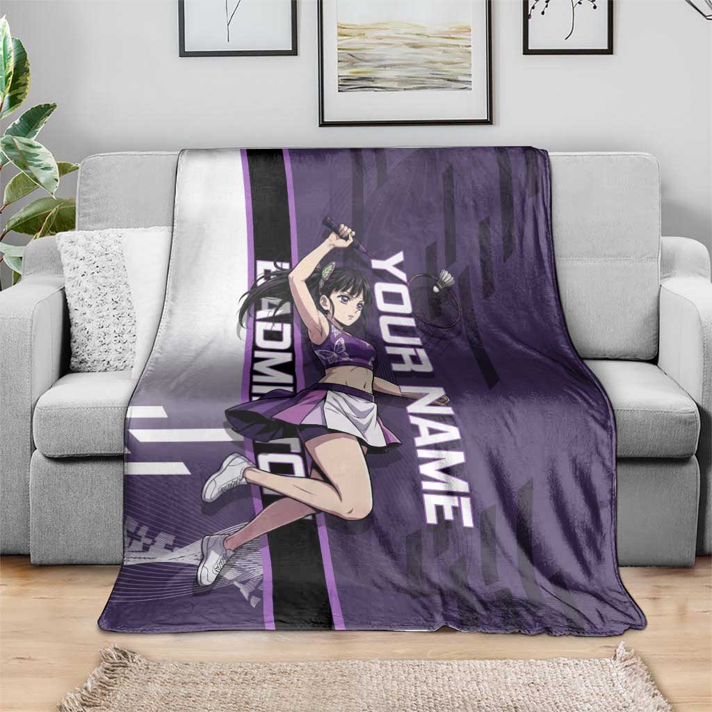 Personalized Shinazugawa Genya Demon Slayer Badminton Blanket with Racket Action Pose and Purple White Graphic Design - The Mazicc