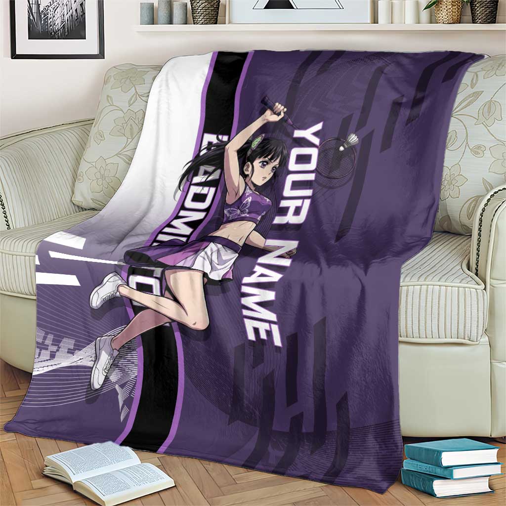 Personalized Shinazugawa Genya Demon Slayer Badminton Blanket with Racket Action Pose and Purple White Graphic Design - The Mazicc