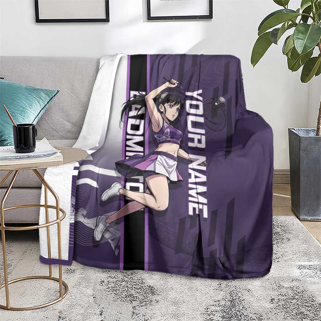 Personalized Shinazugawa Genya Demon Slayer Badminton Blanket with Racket Action Pose and Purple White Graphic Design - The Mazicc