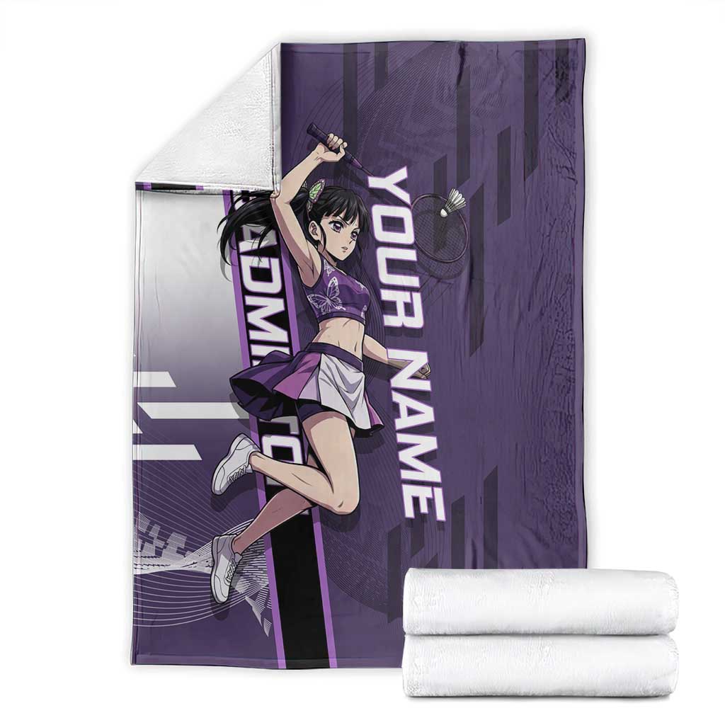 Personalized Shinazugawa Genya Demon Slayer Badminton Blanket with Racket Action Pose and Purple White Graphic Design - The Mazicc