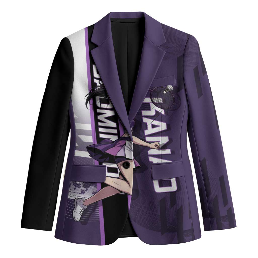 Personalized Shinazugawa Genya Demon Slayer Badminton Blazer with Racket Action Pose and Purple White Graphic Design - The Mazicc